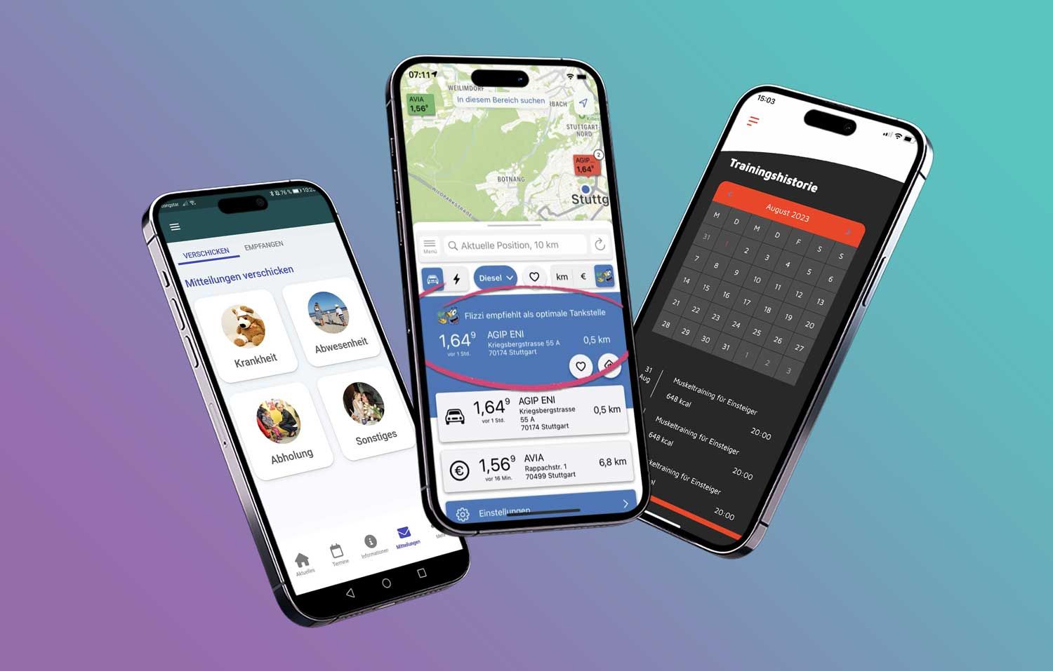 Bild zeigt drei unterschiedliche Smartphones mit App