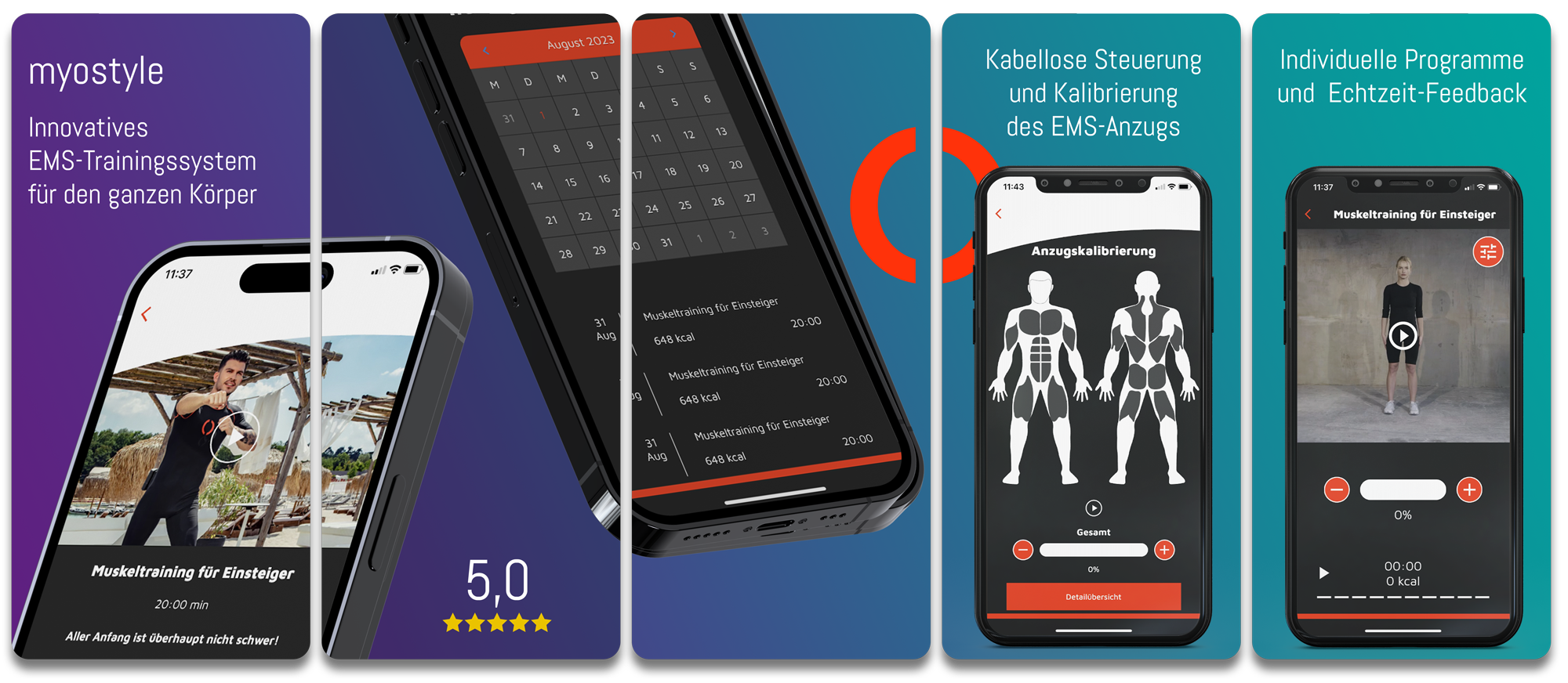 Die Grafik zeigt verschiedene Ansichtsseiten der myostyle App und deren Features